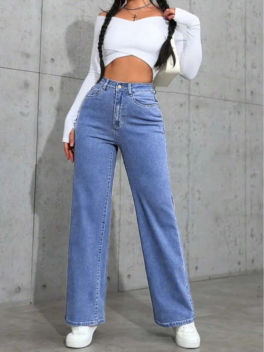 Pantalones de mujer estilo preppy de cintura media y pierna ancha, 70% 27.6% Poliéster 2.4% Spandex Mezcla, Color sólido, Cierre de botón, Pantalones de corte de bota para todas las estaciones con estiramiento alto - Azul lavado medio - Ver 1