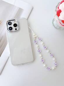1pc Flower & Pearl Decorated Silver Ring Phone Lanyard, Universal Key/Earphone Case Holder Gifts For Mother, Family, Friends, Birthday, Holiday Phone Charm, Phone Chain