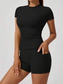 NcmRyu 女士纯色简约弹力无缝短袖短裤运动套装