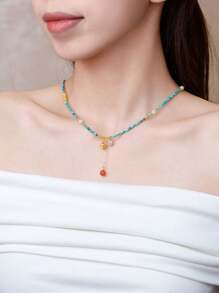 VE [VE] 1pc High Quality S925 Sterling Silver Natural Turquoise, Accessorized With Natural Carnelian, Pearl, Amber, Vivid Colors, Symbolizing Luck & Success, Suitable As Gift Or Personal Wear. Showcase Personalized Charm, Enhance Elegance, Fit For All Occasions. Jewelry Color Random