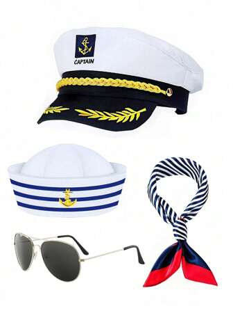 Conjunto de múltiples piezas: Gorra de capitán, gorra de marinero, juego de bufanda para hombres y mujeres; Guantes blancos; Gafas de sol de aviador; Disfraz de marinero de la armada para yate, fiesta de rock, juego de disfraces