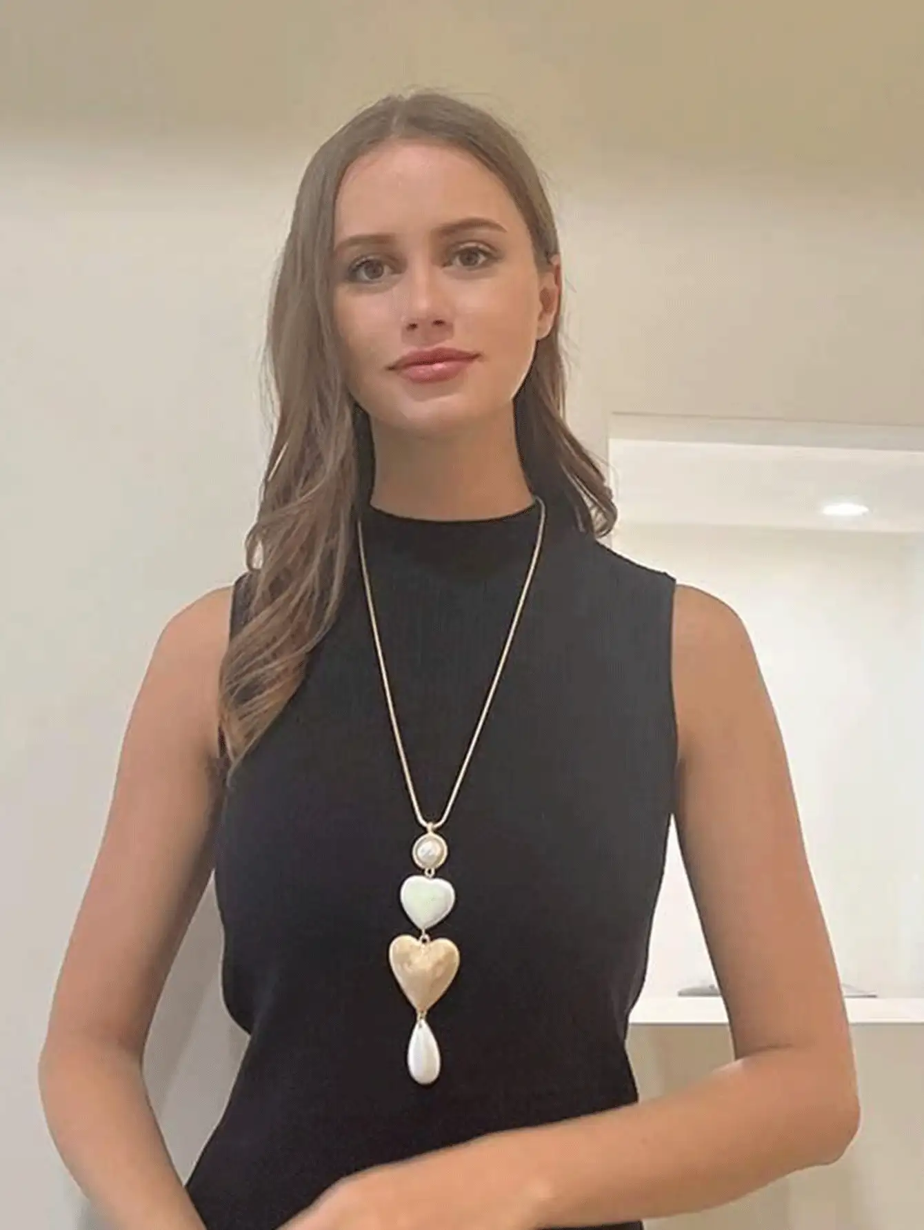 1 件复古金属仿珍珠水滴长项链，时尚女士蛇链心形吊坠项链，适合礼物、母亲节、派对、日常佩戴