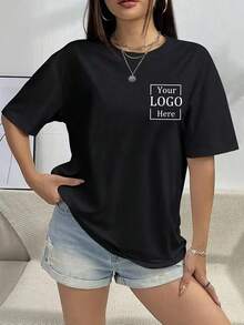 T-shirt surdimensionné personnalisé pour femme, cadeau pour petite amie/épouse - Ajoutez votre propre texte et images (photos de famille/selfies/photos d'animaux de compagnie/photos d'amis/photos de fête) pour concevoir votre propre T-shirt imprimé personnalisé, Romance délicate, Hauts femmes personnalisés - Noir - Voir 2