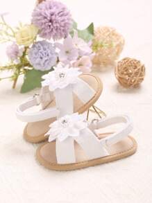 1 Pair White Summer Newborn Infant Girl 0-1 Year Old Floral Decor Soft Sole Sandals, Pre-Walking Shoes - White - View 2