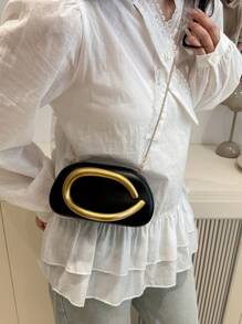 1pc (7.4in*3.9in*2.3in) PU Material, Fashionable High-End Clutch Bag With Chain Strap, Sophisticated, Metal Decor, Unique Personalized, Mature Style, Handheld Decor, Crossbody Bag, Suitable For Daily Use, Party, Mature & Elegant, Retro Style, Women's Evening Bag (Gilded Matte Metal Handle) (Slight Variation In Handle Due To Batch Difference) - Black - View 5