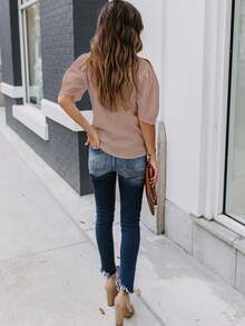 Women's Solid Short Sleeve Blouse Summer Crew Neck Casual Tops Fashion Puffed Sleeve Shirt