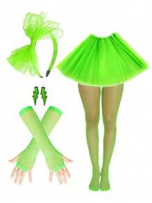Set de 7 piezas de accesorios de disfraz de fiesta de cosplay con estilo retro de los 80 y 90, que incluye: diadema con lazo de encaje, falda sexy, faldas de malla, medias de red, aretes con diseño de relámpago, para usar en Baile de graduación, Día de San Valentín, festivales de música, Halloween