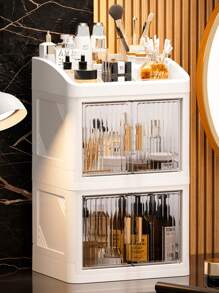 1-Set 3-Layer Crown Design Foldable Drawers Makeup Organizer Box, Cream White Color, Suitable For Cosmetics, Lipsticks, Skincare Products, Desk Top Storage, Thickened & Enlarged Easy To Carry