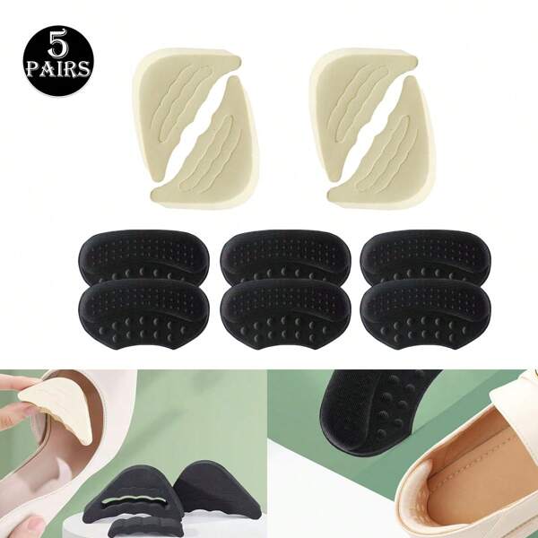 5pcs/Set - 2pcs Beige Toe Cushion, 3pcs Black Heel Grip, Thickened Shoe Inserts To Reduce Shoe Size, Foot Protection Pads For High Heels, Prevent Friction & Slippage