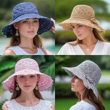 1pc Elegant Women's Breathable Sun Hat, Durable Foldable Wide Brim Beach Hat For Beach And Outdoor Use, UV Protection, Polyester, Beach Hat - Multicolor - View 2