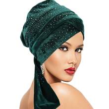 Awegeo 奢华女士非洲风情头巾 – 手工水晶装饰精美头巾，适合特殊场合，也可作睡帽 - A - 查看 13