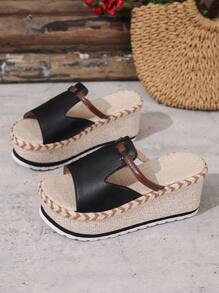 Sandalias de plataforma de paja tejida estilo europeo de lujo, ¡sandalias de verano! Tacón de cuña con punta abierta, suela blanda y gruesa, adecuadas para ir y venir y vacaciones - Negro - Ver 7