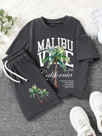 Tween Boy Letter & Palm Tree Graphic Printed Round Neck Short Sleeve T-Shirt And Shorts Set