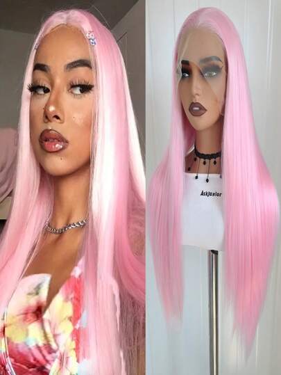 websterwigs 13x4 Long Straight 26" Wig, Rose Red, Pink, Light Pink Lace Front Synthetic Wig, Pre-Plucked Hairline, Heat Resistant Fiber, Silky Straight Wig For Women, Cosplay, Party, Daily Use, Music Festivals