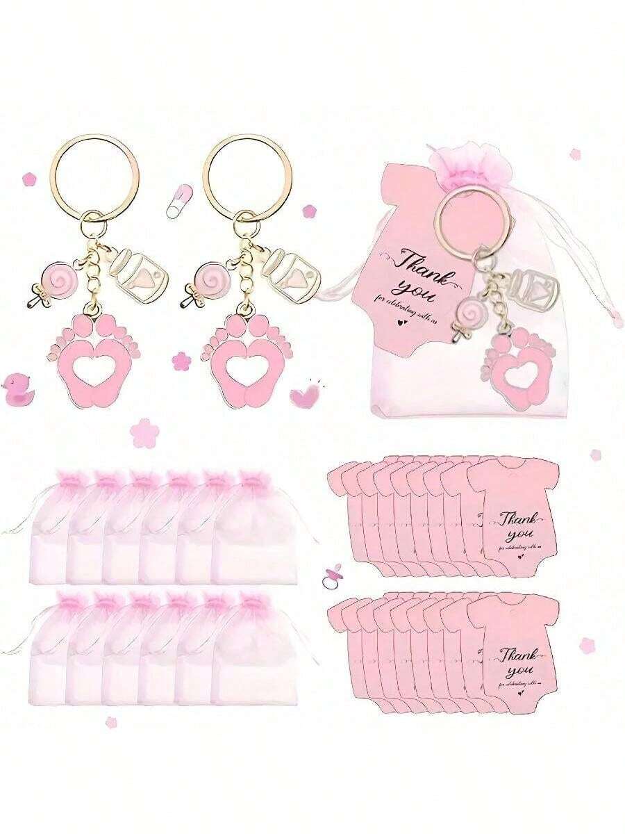 5/10/15/20 Juegos de recuerdos de ducha con diseño de oso llavero, con bolsas de organza blanca y etiquetas de agradecimiento, adecuado para duchas, fiestas, cumpleaños y decoraciones de eventos