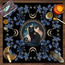 1pc Mysterious Cat Tarot Divination Altar Cloth - Square Polyester Knit Fabric Tablecloth, Handmade Witch Tarot Mat With Floral Print, Suitable For Witchcraft Altar, Farmhouse Decor, Rune Games And Card Reading - FUZB001 - View 2