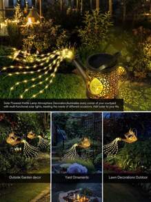 1 pièce de Arrosoir décoratif solaire avec guirlande lumineuse. Décoration de jardin en métal poli nickelé. Lumières solaires de cascade de 600 mAh avec 36 LED, contrôle par capteur de lumière, sans télécommande
