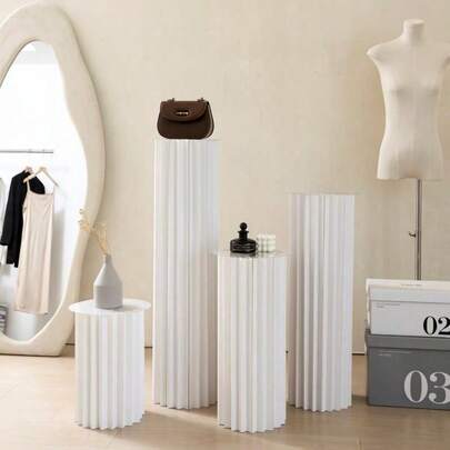 1/3/4pcs Set Cardboard Pedestal Stand, Folding Pillar Stand, Wedding Props, Floor Display Column Stand, DIY Pedestal Box With Round Top Plate Folding Paper Cylinder Column Pedestal Wedding Birthday Cake Flower Stand Rack,Material: Paper ,Can Bear 20kg