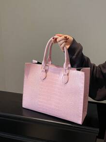 Modische große Handtasche mit Krokodil-Textur und Reißverschluss, geeignet für Alltag, Geschäftsreisen, Urlaub, Outdoor, Zuhause, Studentenwohnheim, Unisex Einkaufstasche - Pink - Übersicht 1