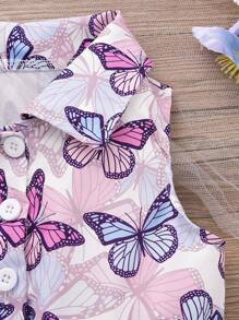 Set de 2 vestidos de tirantes casuales con estampado de mariposa de dibujos animados y sombrero para niñas pequeñas, para verano