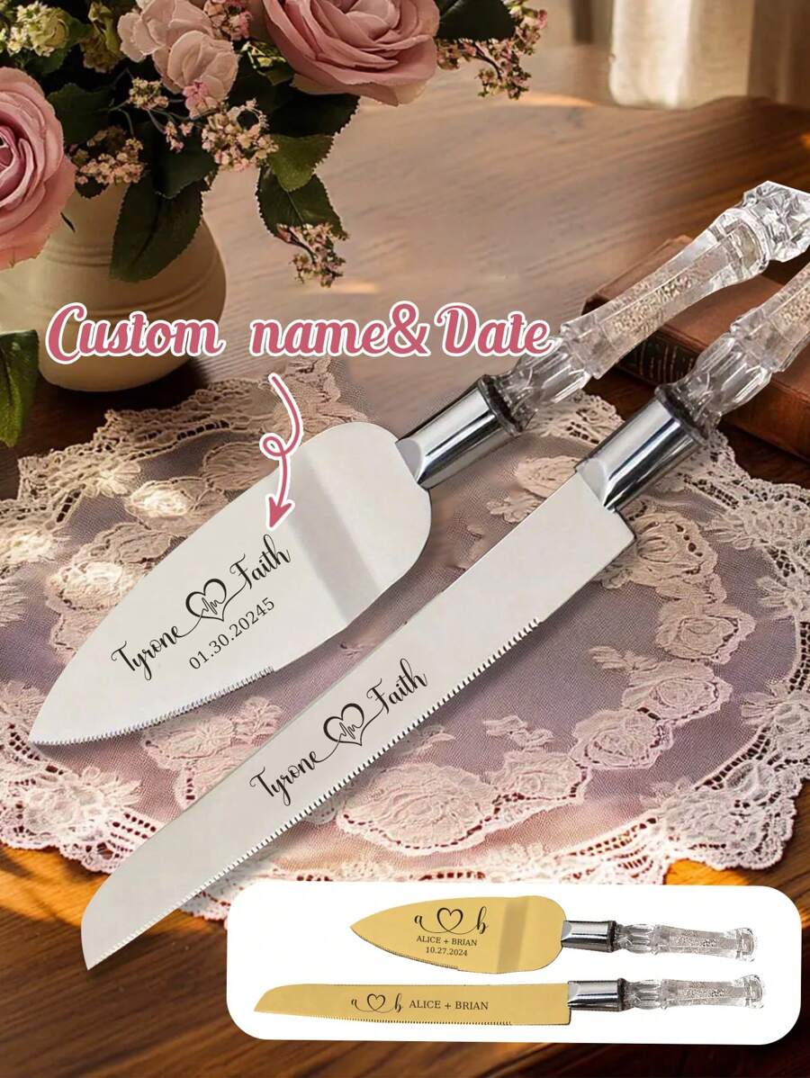 Custom Name Wedding Cake Knife & Server Set, Personalized Cake Cutter, Customized Cake Cutting Set, Customizable Cake Server, 2PCS Gift Box, Wedding, Birthday, Anniversary, Valentine's Day Gift - Style a - View 1