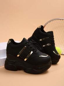 Fall/Winter 1 Pair Women's New Black Platform Thick Sole Sneakers, Leather Upper Round Toe Lace Up Chunky Sneakers, Lightweight Non-Slip Soft Sole Casual Shoes - Gold - View 3