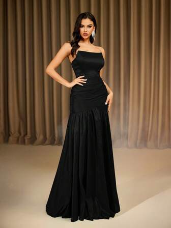 Black Strapless Asymmetrical Long Banquet Evening Dress, Formal, Party Dress, Gown, For Wedding Guest