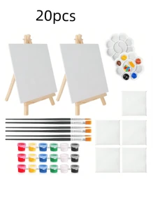 20pcs Mini Canvas And Easel Set (7 Canvases + 2 Easels + 3 Paints + 6 Brushes + 2 Palettes) Suitable For Painting, Oil Painting, Watercolor Practice, Small Painting, Crafting & Art Parties,Mother's Day,Mom's Gift,Back To School,School Supplies