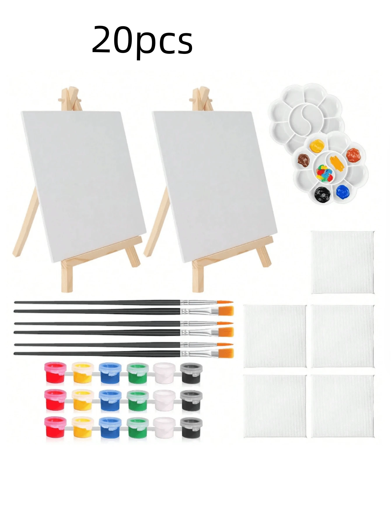 20pcs Mini Canvas And Easel Set (7 Canvases + 2 Easels + 3 Paints + 6 Brushes + 2 Palettes) Suitable For Painting, Oil Painting, Watercolor Practice, Small Painting, Crafting & Art Parties,Mother's Day,Mom's Gift,Back To School,School Supplies