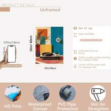 中世纪现代风格黑胶唱片机墙面艺术海报 - 音乐主题，复古装饰艺术风格，帆布海报，适用于家居、办公室、客厅、卧室装饰 - 可选画框，竖版帆布海报，室内装饰，水墨画风格，春冬季，带框墙面艺术 - 彩色 - 查看 12