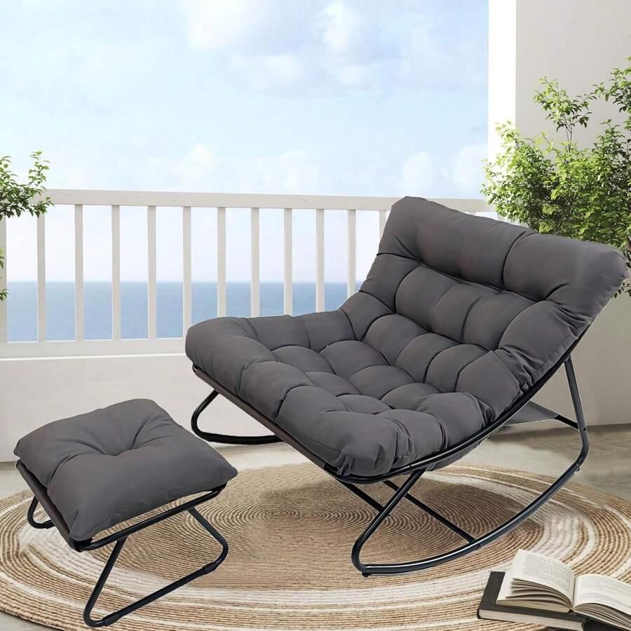 PERRTWDLF Rocking Chair Metal Oversized Rocking Chair With Cushion And Footstool Outdoor Reading Chair Rocking Chair Living Room Lounge Chair With Cushion Weight Capacity Up To 150 Kg, Comfortable Lounge Chair For Living Room, Patio, Balcony, Garden - Xám - Xem 1