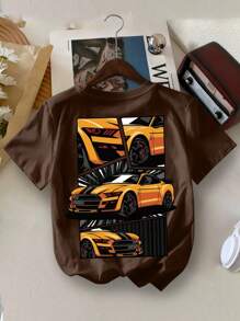 Young Boy Casual Cartoon Car Print Crewneck T-Shirt, Fashion Summer Look