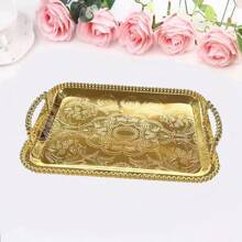 1pc Decorative Metal Rectangular Tray With Beaded Handles Serving Tray Hotel Decor, Suitable For Festival Center Decor, Hotel Home And Office Decor, Any Festival