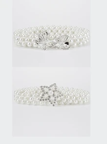 2pcs Women Pearl Elastic Waist Chain With Gold Flower & Bow Accent, Suitable For Evening Dress, Parties, Weddings, Mother's Day Gift