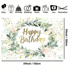 1 pieza Pancarta de fondo de cumpleaños con planta de eucalipto verde - Material de poliéster de varios tamaños, apto para fiestas de cumpleaños y celebraciones, decoración de fiesta de cumpleaños, sin electricidad