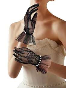 1 Pair Elegant Solid Color Pearl Lace Trim Hand Gloves, Decorative Sheer Gloves For Wedding, Performance, Suitable For All Seasons
