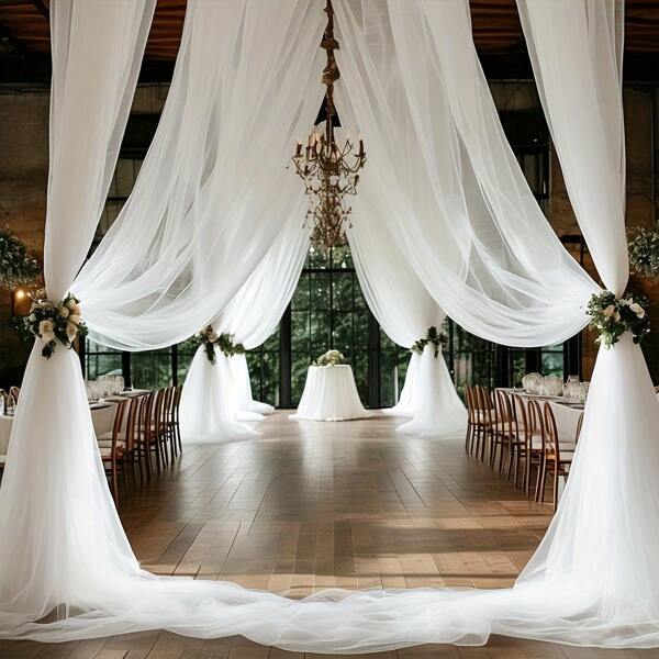 1 pieza Arco de boda blanco con decoración de tela, tul transparente adecuado para ceremonia romántica, recepción, decoración de fiesta, telón de fondo del escenario, decoración de poliéster moderna sin alimentación, aplicable para fondos de boda y diversos fondos de fiesta, regalos de cumpleaños de verano, útiles escolares, decoración de habitación