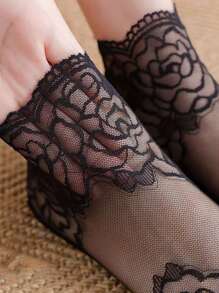 1 Pair/3 Pairs Women Lace Trim Ankle Socks With Feather Pattern, Breathable Sheer Solid Color Hollow Out Lace Socks For Spring/Summer Christmas Gift - 3 Pairs Rose Black - View 2