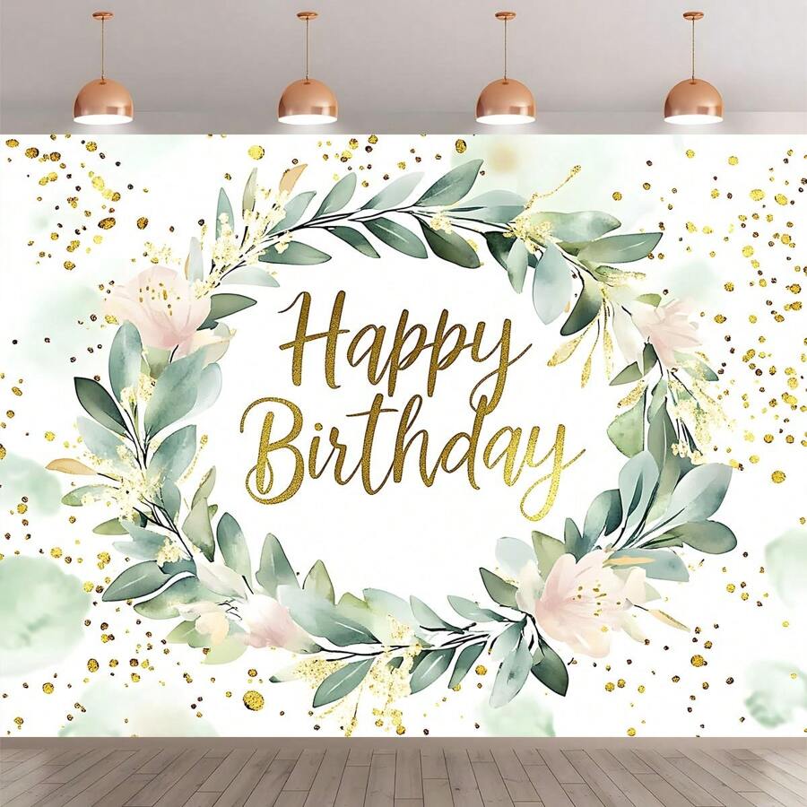 1 pieza Pancarta de fondo de cumpleaños con planta de eucalipto verde - Material de poliéster de varios tamaños, apto para fiestas de cumpleaños y celebraciones, decoración de fiesta de cumpleaños, sin electricidad