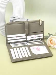 Women Long Color Block Straw Patchwork Wallet, Fashion Multi-Functional Card Holder Pouch, Elegant Snap Closure Zipper Coin Purse, Spacious Capacity Convenient For Young Students, Suitable As Holiday Gift - Green - View 3