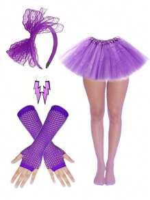 Set de 7 piezas de accesorios de disfraz de fiesta de cosplay con estilo retro de los 80 y 90, que incluye: diadema con lazo de encaje, falda sexy, faldas de malla, medias de red, aretes con diseño de relámpago, para usar en Baile de graduación, Día de San Valentín, festivales de música, Halloween