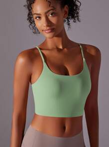 1pc Women Green Spaghetti Strap Camisole, Backless Yoga Tops, Adjustable Chest Pads Sexy Criss-Cross Back Bras
