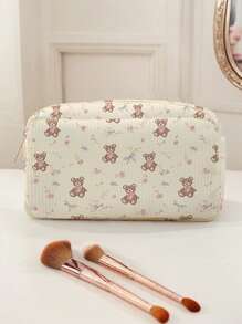 Bear Pattern Corduroy Makeup Bag, Lightweight Zipper Cosmetic Storage Bag Sweet Style Versatile Toiletries Organizer, Gift For Girls Women Friends,Travel Portable Cosmetic Storage Bag Holiday Essentials Holiday Travel Essentials Travel Bag Travel Accessories