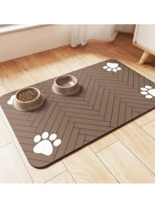 1 pieza Estera absorbente y antifugas para alimentación de perros y gatos con diseño de espiguilla y huella, de secado rápido y fácil de limpiar, ideal como regalo para amantes de perros y gatos, en color negro