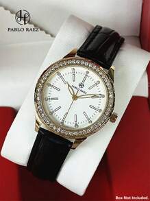 Pablo Raez 1 Stück 18K Gold Schmuck Damenuhr mit Strass, luxuriöse Kleid-Uhr für Damen, Edelstahl IPG-Beschichtung, Top-Marke, neue Sommerzubehöre, Strass, elegantes, hochwertig, modisches Design, atmungsaktives, weiches Mikrofaser-Lederarmband, Party Girl Quarz-Uhr