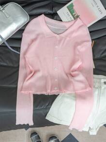 Delicate & Romantic Light Pink Spring/Summer Cardigan For Women, Thin Notched Collar Long Sleeve Button Up Knit Outerwear