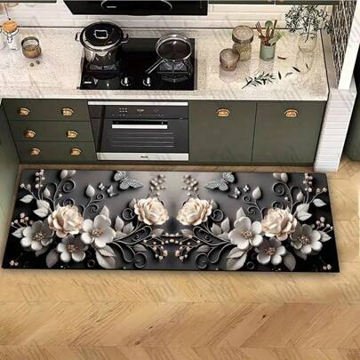 1pc 3D Floral Kitchen Rug, Absorbent Anti-Slip Anti-Dirt Kitchen Mat - Perfect For Farmhouse, Entrance, Indoor, Room Decor, Kitchen, Dining Room, Small Office/Home Office, Sink, Laundry Room