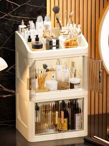 1-Set 3-Layer Crown Design Foldable Drawers Makeup Organizer Box, Cream White Color, Suitable For Cosmetics, Lipsticks, Skincare Products, Desk Top Storage, Thickened & Enlarged Easy To Carry