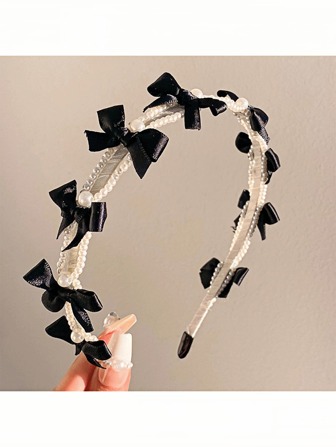 1PC轻奢小香风珍珠发箍温柔珍珠蝴蝶结发箍甜美法式头箍高骷髅头出门百搭头箍头饰