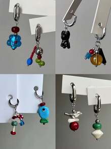 1 对不对称几何狗、鱼、鸟和珍珠设计彩色金属吊坠耳环，适合女士，独特美学派对珠宝，Y2K 风格（图片卡仅供参考） - Y2K - 查看 6